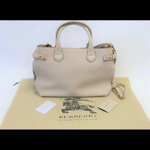 Burberry Grainy Calfskin House Check Medium Banner Tote Bag Cream